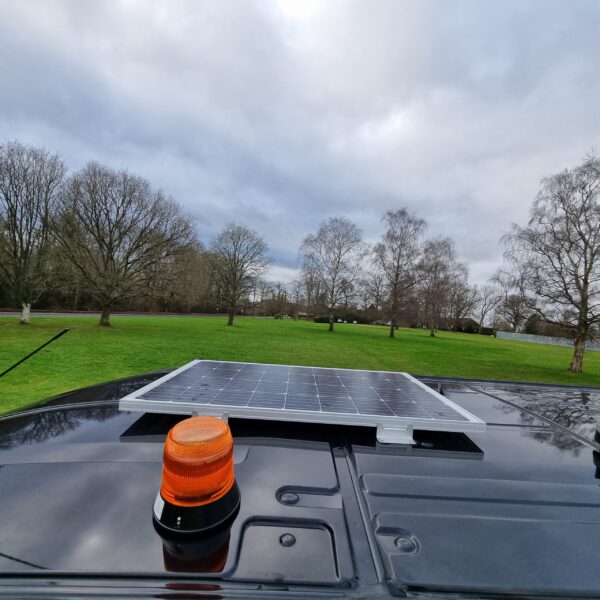 Solar panels on the roof of the rugged welfare van