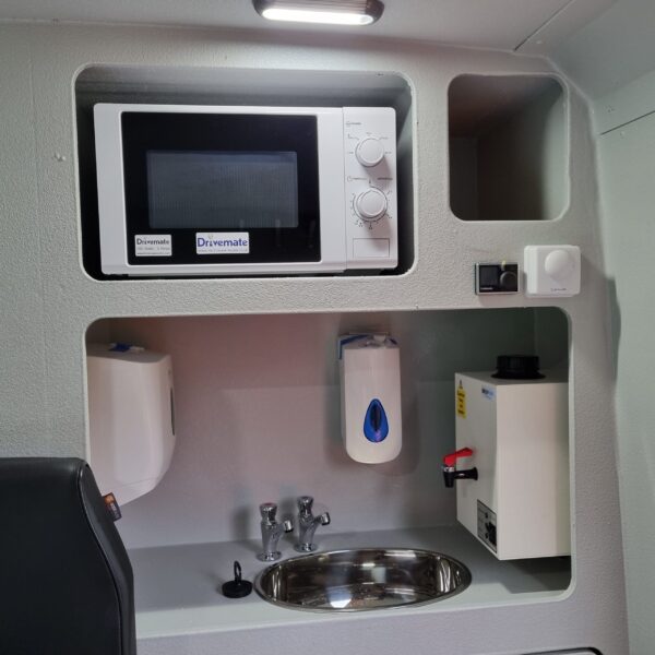 Kitchen area of the rugged welfare van