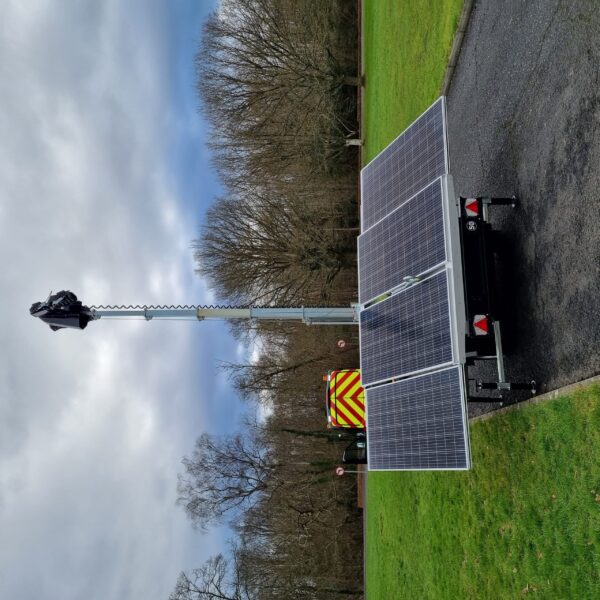 Portable site towerlight for hire with opened up solar panels and extended towerlight feature