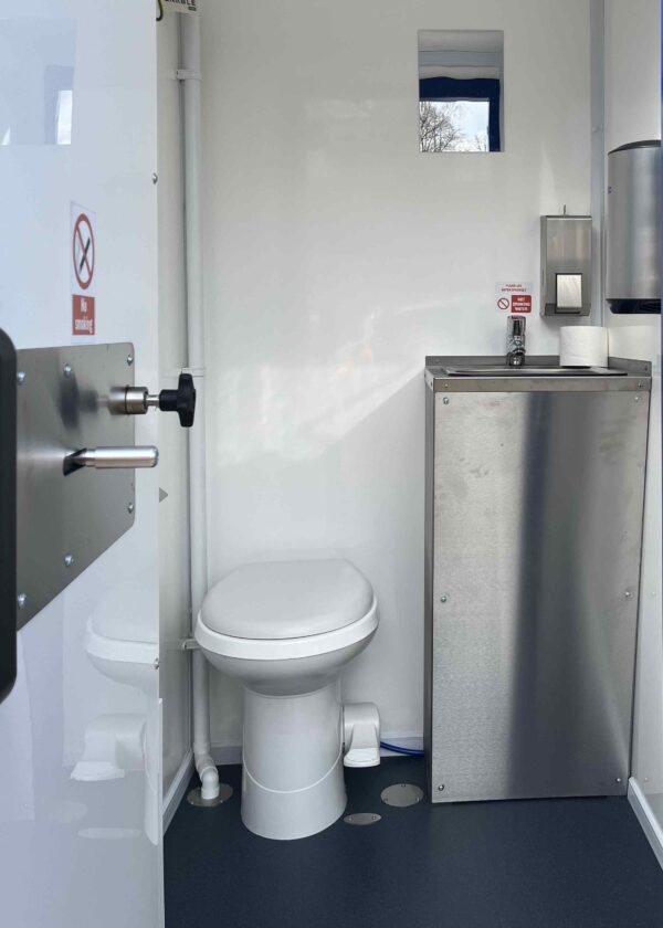 A single Toilet and handwashing facilities within the toilet block hire unit from Enable Welfare
